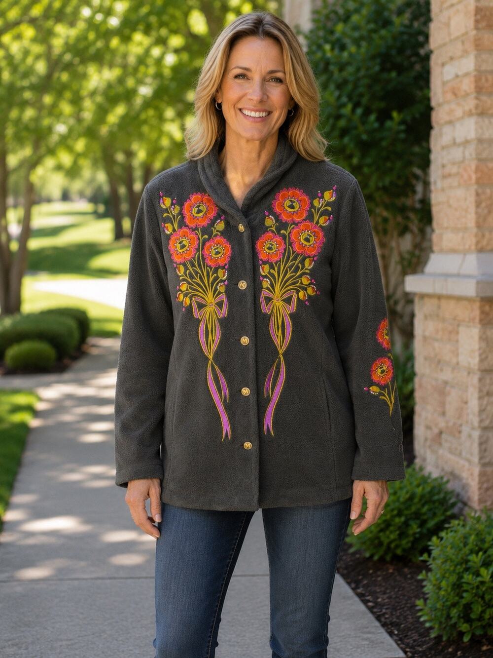 Bob Mackie Wearable Art Floral Embroidered Black Fleece Jacket Size Small